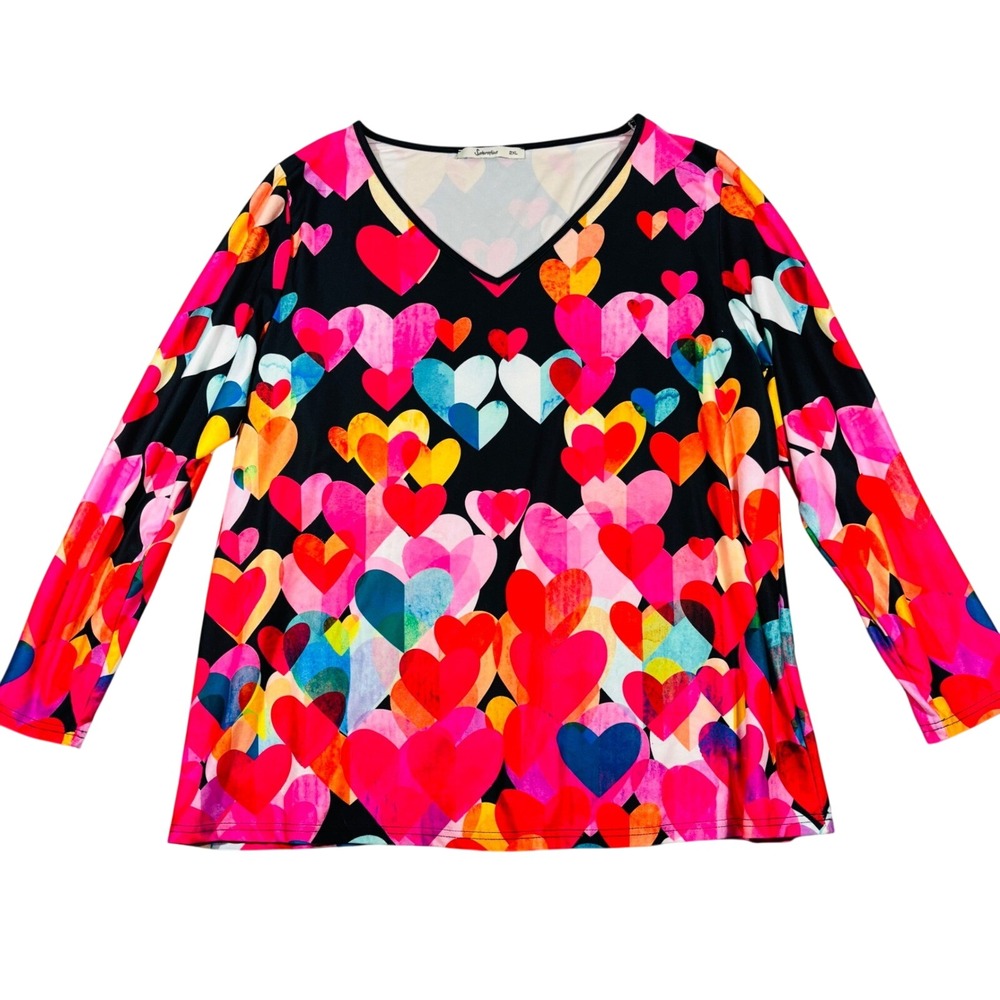 Sakurafina Heart Print‎ Top Womens 2XL Multi Color Long Sleeve V-Neck Stretchy